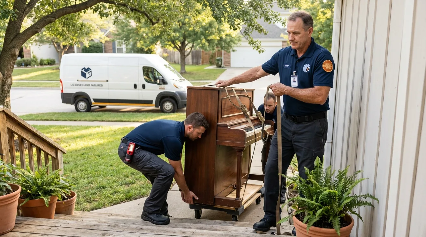 Licensed piano movers securing grand piano in North Granby, CT