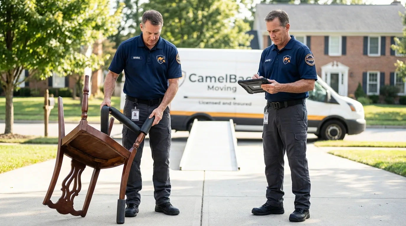 Movers inspecting furniture for damage prevention before loading in North Granby, CT