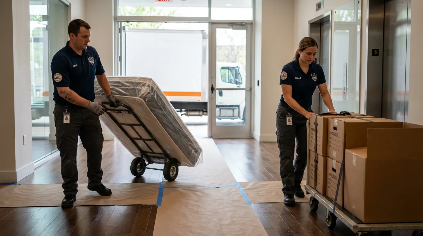 Professional apartment movers loading elevator in North Granby, CT