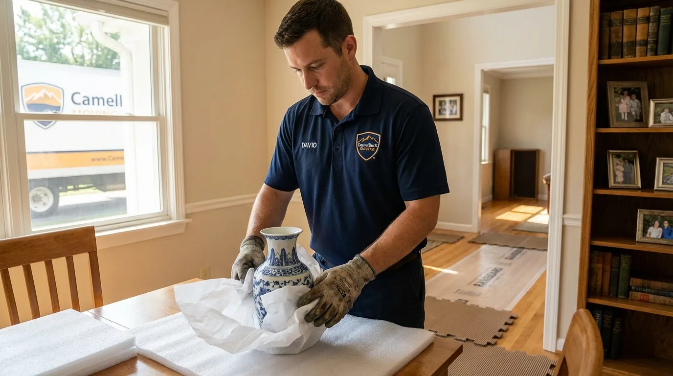 Professional crew carefully wrapping antique vase for senior downsizing move in North Granby, CT