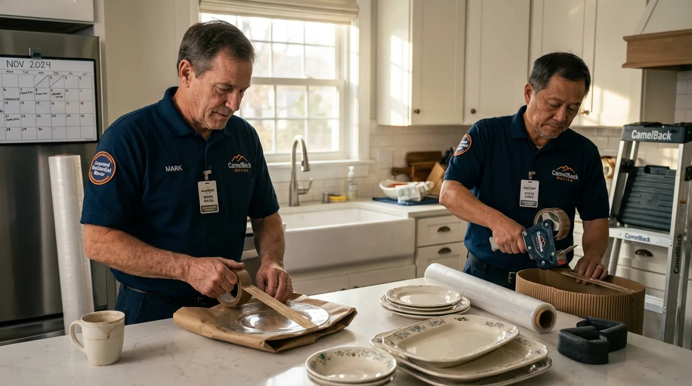Professional crew packing kitchen dishware in North Granby, CT